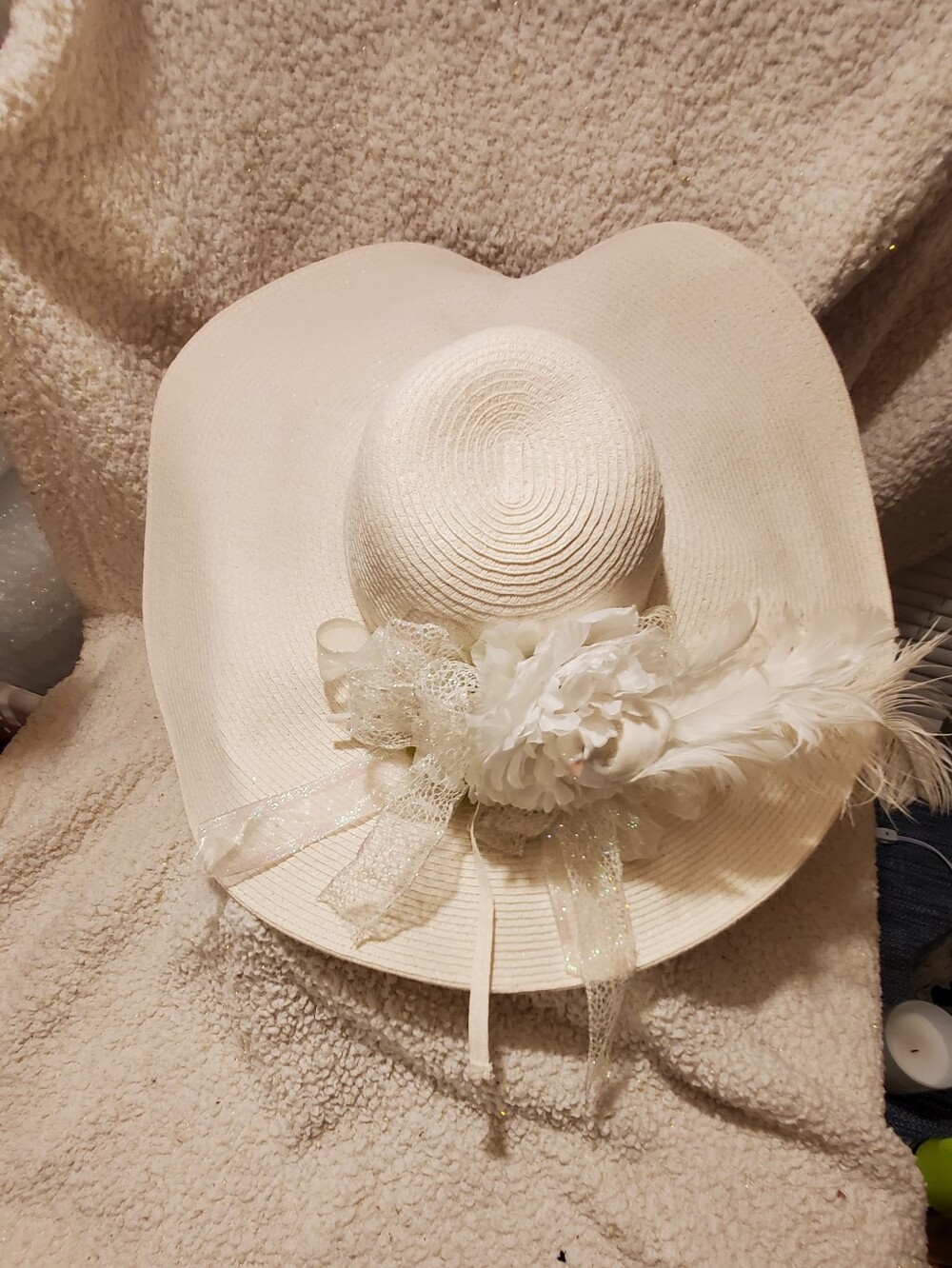 My Basic Elegant  White Floral Feather Sun/Wedding Hat -